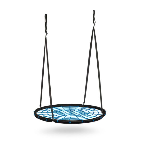 Fészekhinta, Neo-Sport NS-104, fekete/kék, átmérő: 100 cm, vízálló, állítható kötélmagasság: 90-160 cm, acél váz, poliészter pókhálókötél, teherbírás: 150 kg, kerek