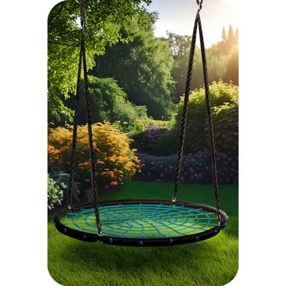 Fészekhinta, Neo-Sport NS-104, fekete/kék, átmérő: 100 cm, vízálló, állítható kötélmagasság: 90-160 cm, acél váz, poliészter pókhálókötél, teherbírás: 150 kg, kerek