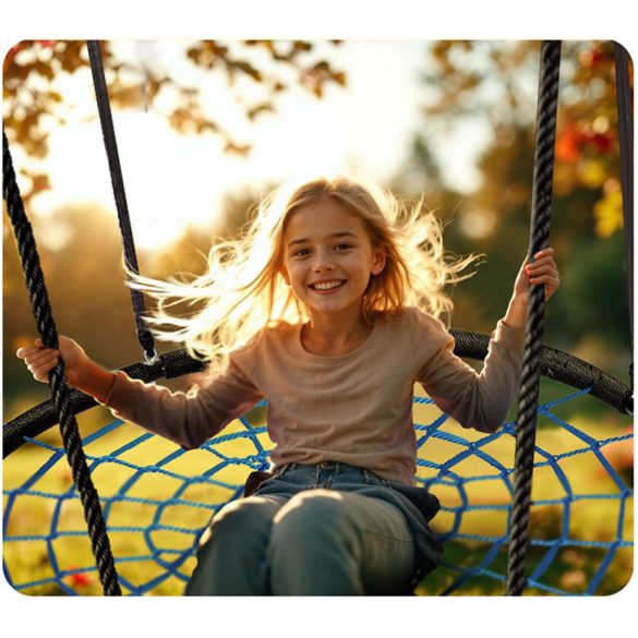 Fészekhinta, Neo-Sport NS-104, fekete/kék, átmérő: 100 cm, vízálló, állítható kötélmagasság: 90-160 cm, acél váz, poliészter pókhálókötél, teherbírás: 150 kg, kerek