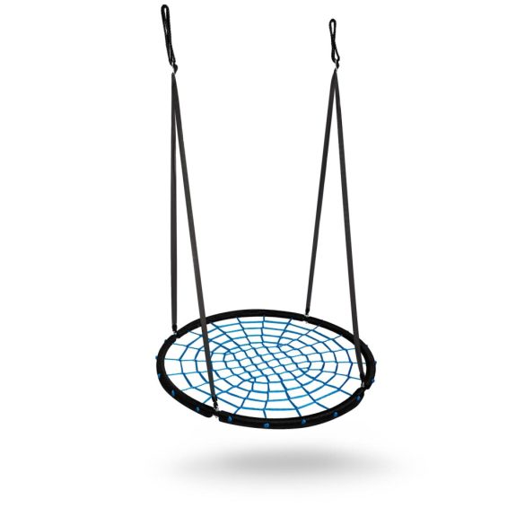 Fészekhinta, Neo-Sport NS-104, fekete/kék, átmérő: 100 cm, vízálló, állítható kötélmagasság: 90-160 cm, acél váz, poliészter pókhálókötél, teherbírás: 150 kg, kerek