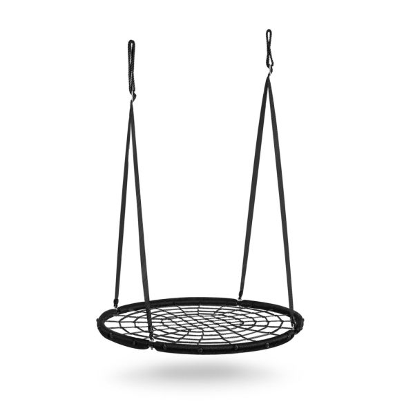 Fészekhinta, Neo-Sport NS-104, fekete, átmérő: 120 cm, vízálló, állítható kötélmagasság: 90-160 cm, acél váz, poliészter pókhálókötél, teherbírás: 150 kg, kerek