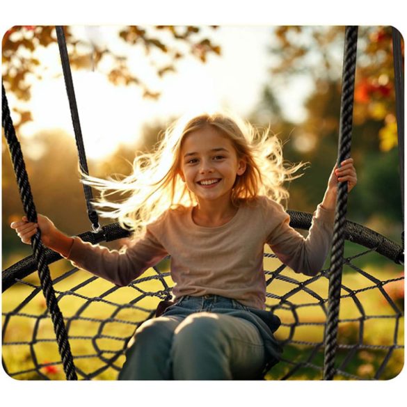 Fészekhinta, Neo-Sport NS-104, fekete, átmérő: 120 cm, vízálló, állítható kötélmagasság: 90-160 cm, acél váz, poliészter pókhálókötél, teherbírás: 150 kg, kerek