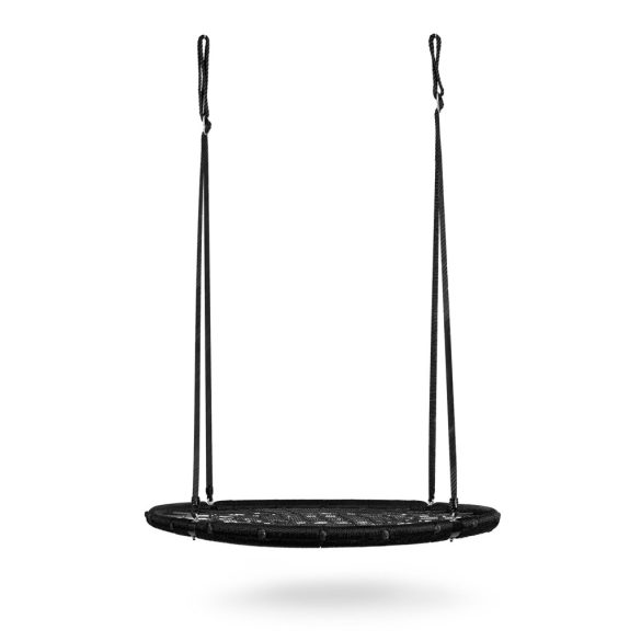 Fészekhinta, Neo-Sport NS-104, fekete, átmérő: 120 cm, vízálló, állítható kötélmagasság: 90-160 cm, acél váz, poliészter pókhálókötél, teherbírás: 150 kg, kerek