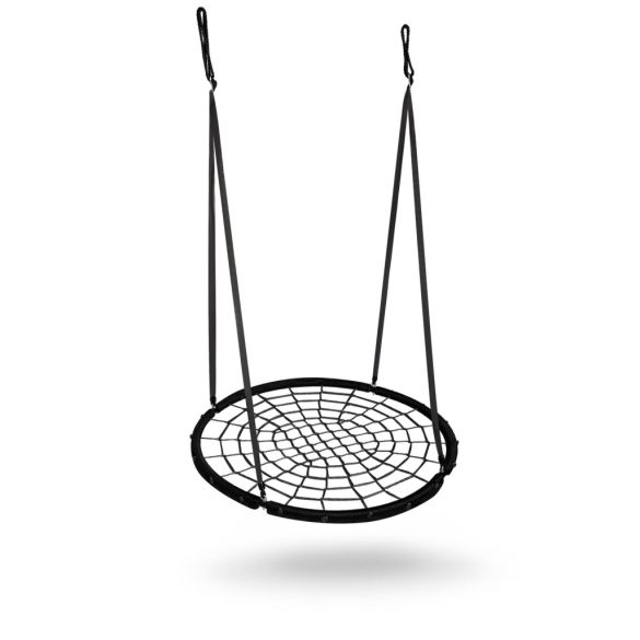Fészekhinta, Neo-Sport NS-104, fekete, átmérő: 120 cm, vízálló, állítható kötélmagasság: 90-160 cm, acél váz, poliészter pókhálókötél, teherbírás: 150 kg, kerek