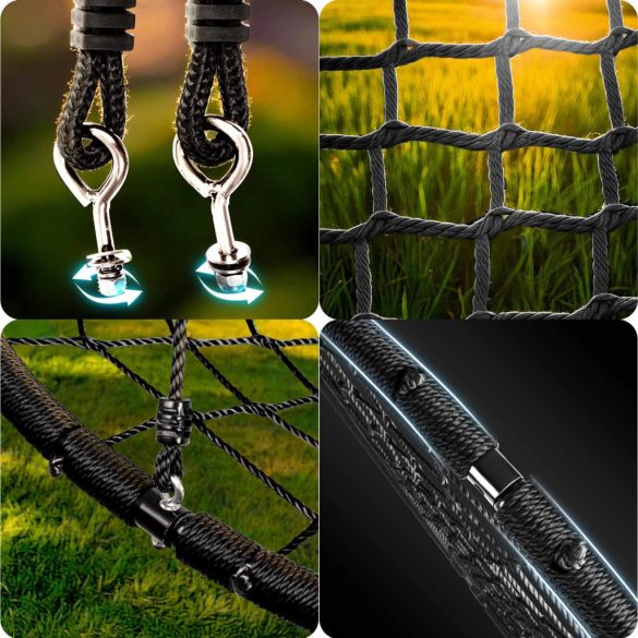 Fészekhinta, Neo-Sport NS-104, fekete, átmérő: 120 cm, vízálló, állítható kötélmagasság: 90-160 cm, acél váz, poliészter pókhálókötél, teherbírás: 150 kg, kerek