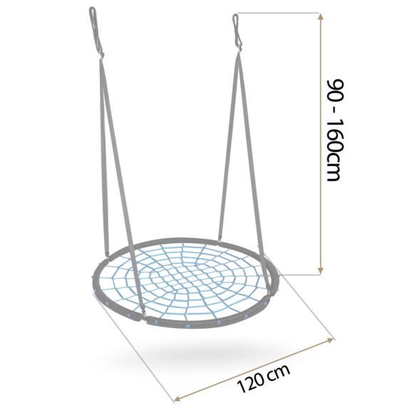 Fészekhinta, Neo-Sport NS-104, fekete/kék, átmérő: 120 cm, vízálló, állítható kötélmagasság: 90-160 cm, acél váz, poliészter pókhálókötél, teherbírás: 150 kg, kerek