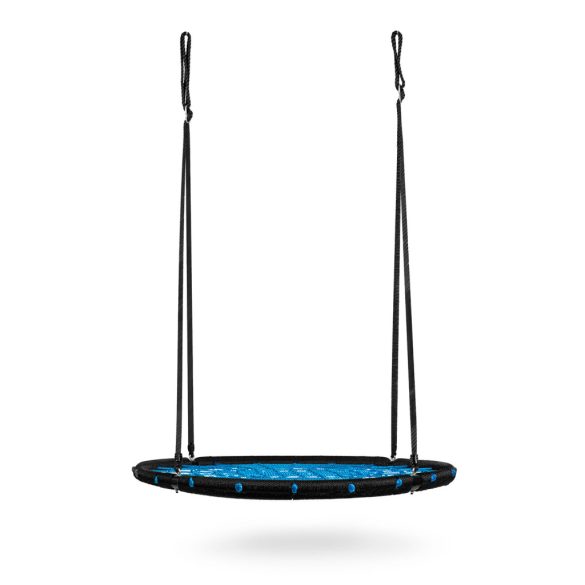 Fészekhinta, Neo-Sport NS-104, fekete/kék, átmérő: 120 cm, vízálló, állítható kötélmagasság: 90-160 cm, acél váz, poliészter pókhálókötél, teherbírás: 150 kg, kerek