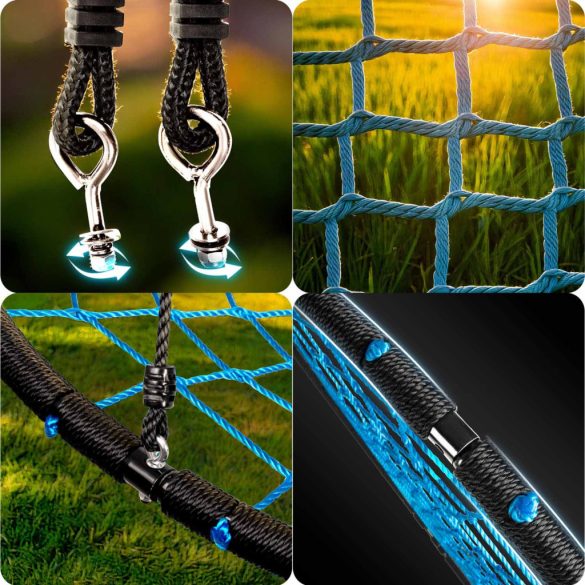 Fészekhinta, Neo-Sport NS-104, fekete/kék, átmérő: 120 cm, vízálló, állítható kötélmagasság: 90-160 cm, acél váz, poliészter pókhálókötél, teherbírás: 150 kg, kerek