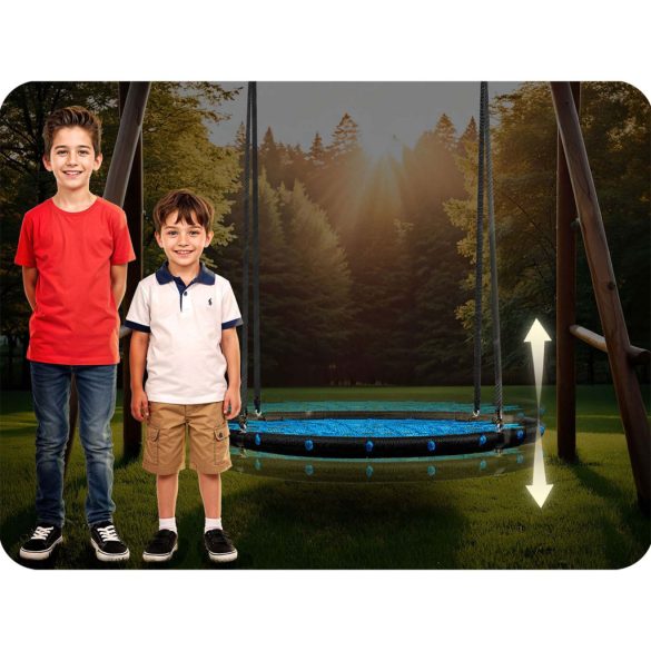 Fészekhinta, Neo-Sport NS-104, fekete/kék, átmérő: 120 cm, vízálló, állítható kötélmagasság: 90-160 cm, acél váz, poliészter pókhálókötél, teherbírás: 150 kg, kerek