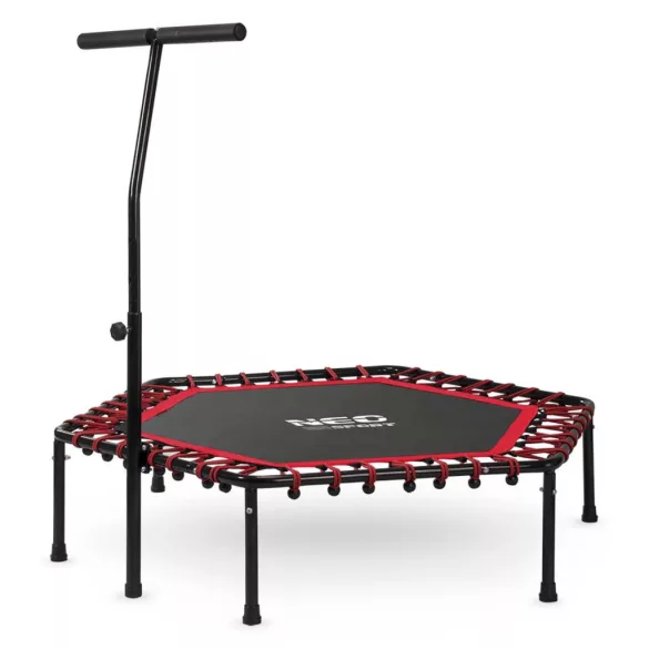 Fitnesz trambulin, Neo-Sport, fekete/piros, átmérő: 127 cm, hatszögletű, magasság: 30 cm, állítható kapaszkodó, acél váz, 6 + 1 láb, 100 kg teherbírás, 42 db gumi