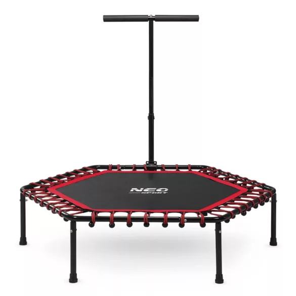 Fitnesz trambulin, Neo-Sport, fekete/piros, átmérő: 127 cm, hatszögletű, magasság: 30 cm, állítható kapaszkodó, acél váz, 6 + 1 láb, 100 kg teherbírás, 42 db gumi