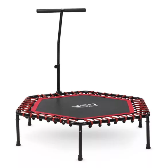 Fitnesz trambulin, Neo-Sport, fekete/piros, átmérő: 127 cm, hatszögletű, magasság: 30 cm, állítható kapaszkodó, acél váz, 6 + 1 láb, 100 kg teherbírás, 42 db gumi