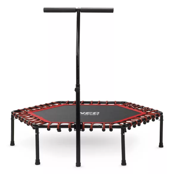 Fitnesz trambulin, Neo-Sport, fekete/piros, átmérő: 127 cm, hatszögletű, magasság: 30 cm, állítható kapaszkodó, acél váz, 6 + 1 láb, 100 kg teherbírás, 42 db gumi