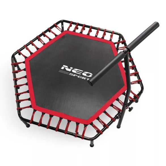 Fitnesz trambulin, Neo-Sport, fekete/piros, átmérő: 127 cm, hatszögletű, magasság: 30 cm, állítható kapaszkodó, acél váz, 6 + 1 láb, 100 kg teherbírás, 42 db gumi
