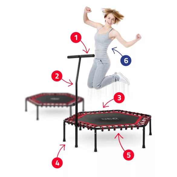 Fitnesz trambulin, Neo-Sport, fekete/piros, átmérő: 127 cm, hatszögletű, magasság: 30 cm, állítható kapaszkodó, acél váz, 6 + 1 láb, 100 kg teherbírás, 42 db gumi