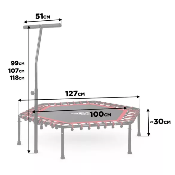 Fitnesz trambulin, Neo-Sport, fekete/piros, átmérő: 127 cm, hatszögletű, magasság: 30 cm, állítható kapaszkodó, acél váz, 6 + 1 láb, 100 kg teherbírás, 42 db gumi