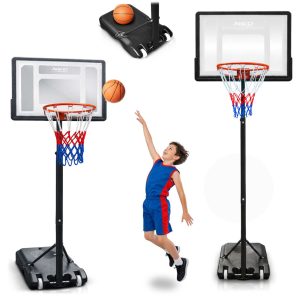 Kosárlabdapalánk, Neo-Sport NS-280, mobil, állítható, 150–210 cm magasság, szabadon álló, kerekekkel, acél váz, PVC palánk 82 x 59 cm, 38 cm gyűrű, 33 l tölthető talp