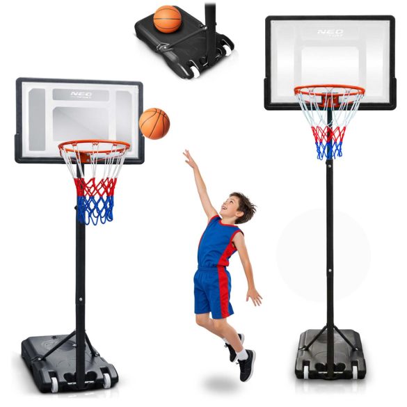 Kosárlabdapalánk, Neo-Sport NS-280, mobil, állítható, 150–210 cm magasság, szabadon álló, kerekekkel, acél váz, PVC palánk 82 x 59 cm, 38 cm gyűrű, 33 l tölthető talp