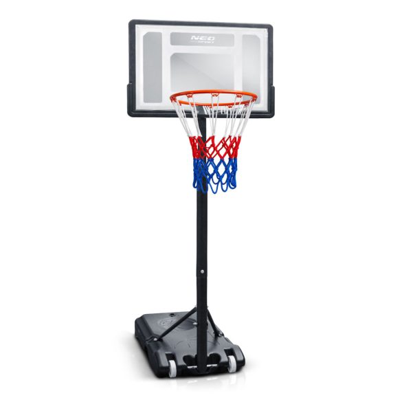 Kosárlabdapalánk, Neo-Sport NS-280, mobil, állítható, 150–210 cm magasság, szabadon álló, kerekekkel, acél váz, PVC palánk 82 x 59 cm, 38 cm gyűrű, 33 l tölthető talp