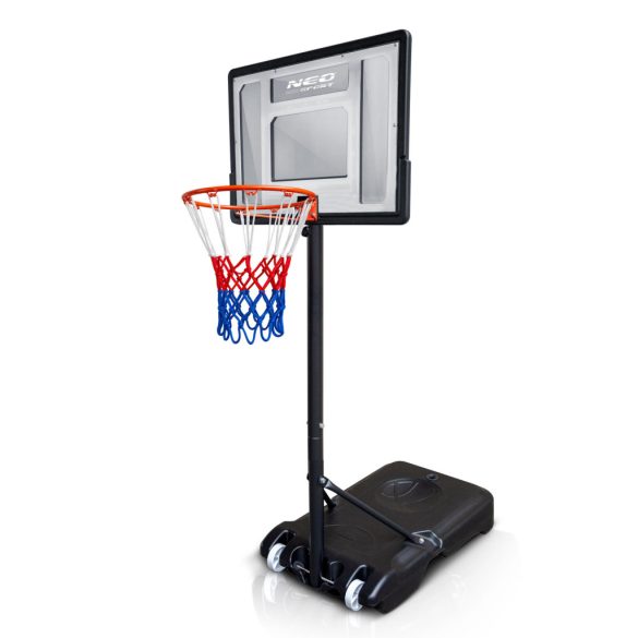 Kosárlabdapalánk, Neo-Sport NS-280, mobil, állítható, 150–210 cm magasság, szabadon álló, kerekekkel, acél váz, PVC palánk 82 x 59 cm, 38 cm gyűrű, 33 l tölthető talp