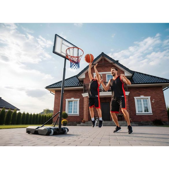 Kosárlabdapalánk, Neo-Sport NS-280, mobil, állítható, 150–210 cm magasság, szabadon álló, kerekekkel, acél váz, PVC palánk 82 x 59 cm, 38 cm gyűrű, 33 l tölthető talp