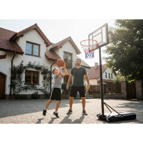 Kosárlabdapalánk, Neo-Sport NS-280, mobil, állítható, 150–210 cm magasság, szabadon álló, kerekekkel, acél váz, PVC palánk 82 x 59 cm, 38 cm gyűrű, 33 l tölthető talp