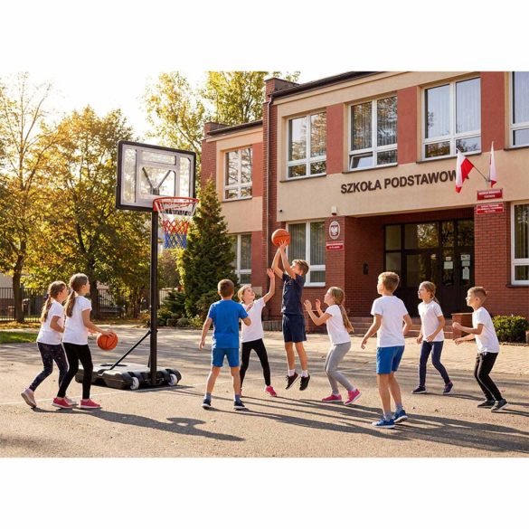 Kosárlabdapalánk, Neo-Sport NS-280, mobil, állítható, 150–210 cm magasság, szabadon álló, kerekekkel, acél váz, PVC palánk 82 x 59 cm, 38 cm gyűrű, 33 l tölthető talp