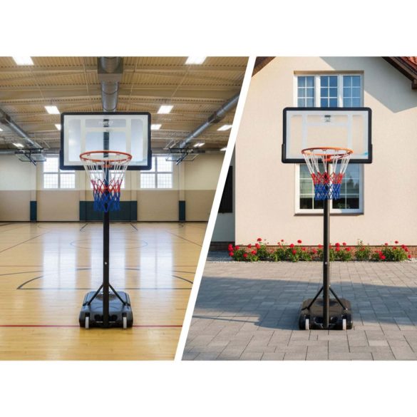 Kosárlabdapalánk, Neo-Sport NS-280, mobil, állítható, 150–210 cm magasság, szabadon álló, kerekekkel, acél váz, PVC palánk 82 x 59 cm, 38 cm gyűrű, 33 l tölthető talp
