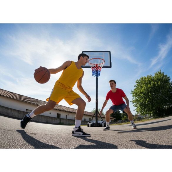 Kosárlabdapalánk, Neo-Sport NS-280, mobil, állítható, 150–210 cm magasság, szabadon álló, kerekekkel, acél váz, PVC palánk 82 x 59 cm, 38 cm gyűrű, 33 l tölthető talp