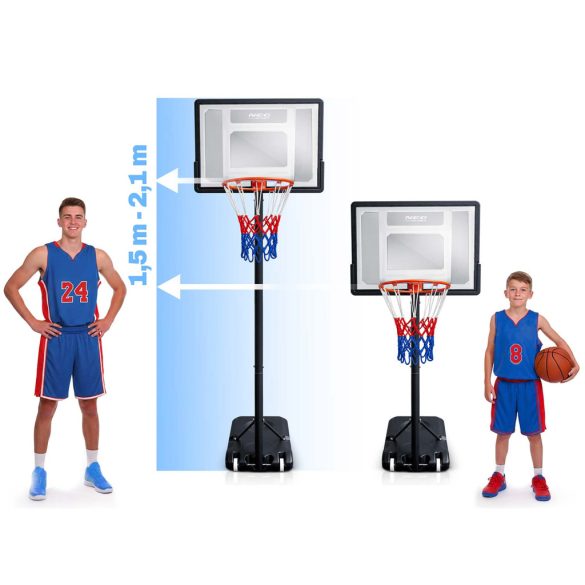 Kosárlabdapalánk, Neo-Sport NS-280, mobil, állítható, 150–210 cm magasság, szabadon álló, kerekekkel, acél váz, PVC palánk 82 x 59 cm, 38 cm gyűrű, 33 l tölthető talp