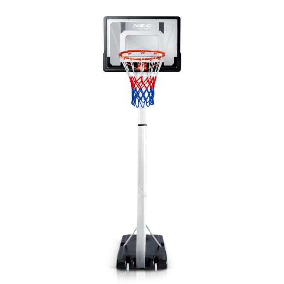 Kosárlabdapalánk, Neo-Sport NS-281, mobil, állítható, 150–260 cm magasság, szabadon álló, kerekekkel, acél váz, PVC palánk 82 x 59 cm, 38 cm gyűrű, 50 l tölthető talp