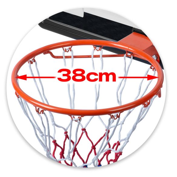 Kosárlabdapalánk, Neo-Sport NS-281, mobil, állítható, 150–260 cm magasság, szabadon álló, kerekekkel, acél váz, PVC palánk 82 x 59 cm, 38 cm gyűrű, 50 l tölthető talp