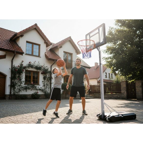 Kosárlabdapalánk, Neo-Sport NS-281, mobil, állítható, 150–260 cm magasság, szabadon álló, kerekekkel, acél váz, PVC palánk 82 x 59 cm, 38 cm gyűrű, 50 l tölthető talp