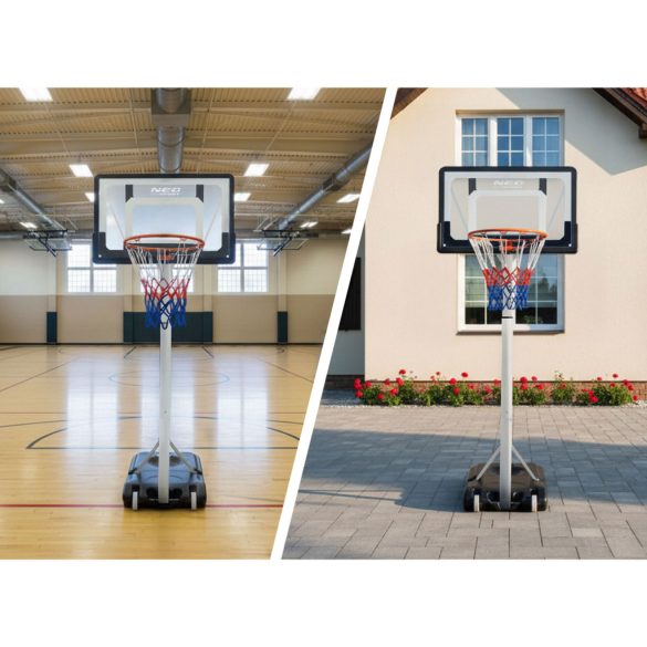 Kosárlabdapalánk, Neo-Sport NS-281, mobil, állítható, 150–260 cm magasság, szabadon álló, kerekekkel, acél váz, PVC palánk 82 x 59 cm, 38 cm gyűrű, 50 l tölthető talp