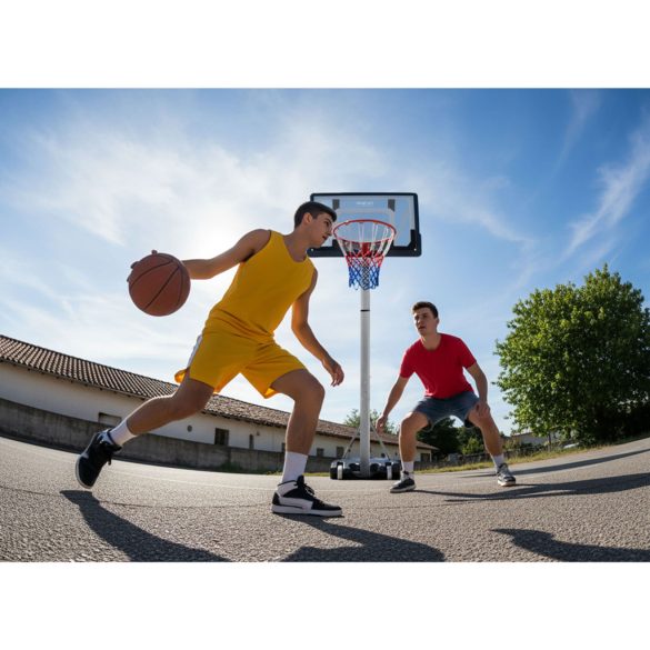 Kosárlabdapalánk, Neo-Sport NS-281, mobil, állítható, 150–260 cm magasság, szabadon álló, kerekekkel, acél váz, PVC palánk 82 x 59 cm, 38 cm gyűrű, 50 l tölthető talp