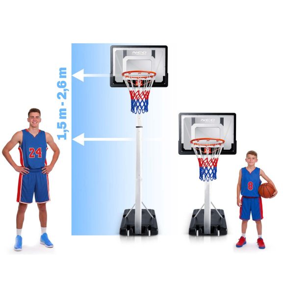 Kosárlabdapalánk, Neo-Sport NS-281, mobil, állítható, 150–260 cm magasság, szabadon álló, kerekekkel, acél váz, PVC palánk 82 x 59 cm, 38 cm gyűrű, 50 l tölthető talp