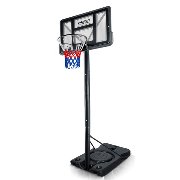 Kosárlabdapalánk, Neo-Sport NS-282, mobil, állítható, 135–305 cm magasság, szabadon álló, kerekekkel, acél váz, PVC palánk 110 x 75 cm, 45 cm gyűrű, 65 l tölthető talp