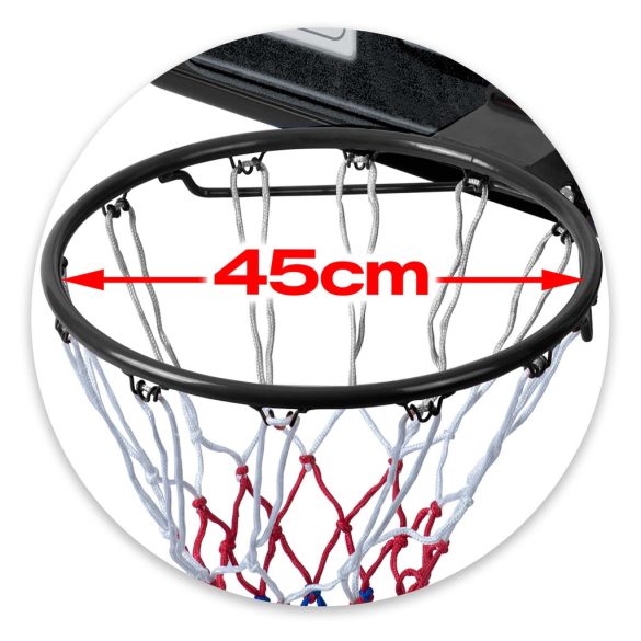 Kosárlabdapalánk, Neo-Sport NS-282, mobil, állítható, 135–305 cm magasság, szabadon álló, kerekekkel, acél váz, PVC palánk 110 x 75 cm, 45 cm gyűrű, 65 l tölthető talp