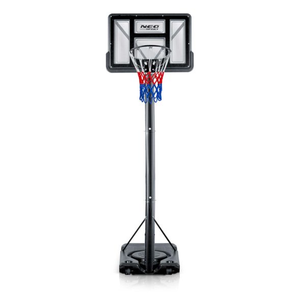 Kosárlabdapalánk, Neo-Sport NS-282, mobil, állítható, 135–305 cm magasság, szabadon álló, kerekekkel, acél váz, PVC palánk 110 x 75 cm, 45 cm gyűrű, 65 l tölthető talp