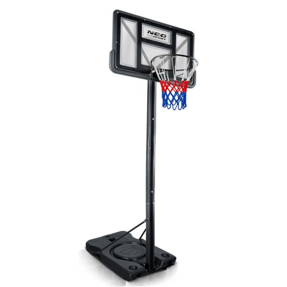 Kosárlabdapalánk, Neo-Sport NS-282, mobil, állítható, 135–305 cm magasság, szabadon álló, kerekekkel, acél váz, PVC palánk 110 x 75 cm, 45 cm gyűrű, 65 l tölthető talp