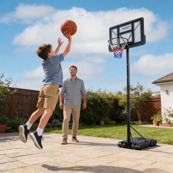 Kosárlabdapalánk, Neo-Sport NS-282, mobil, állítható, 135–305 cm magasság, szabadon álló, kerekekkel, acél váz, PVC palánk 110 x 75 cm, 45 cm gyűrű, 65 l tölthető talp