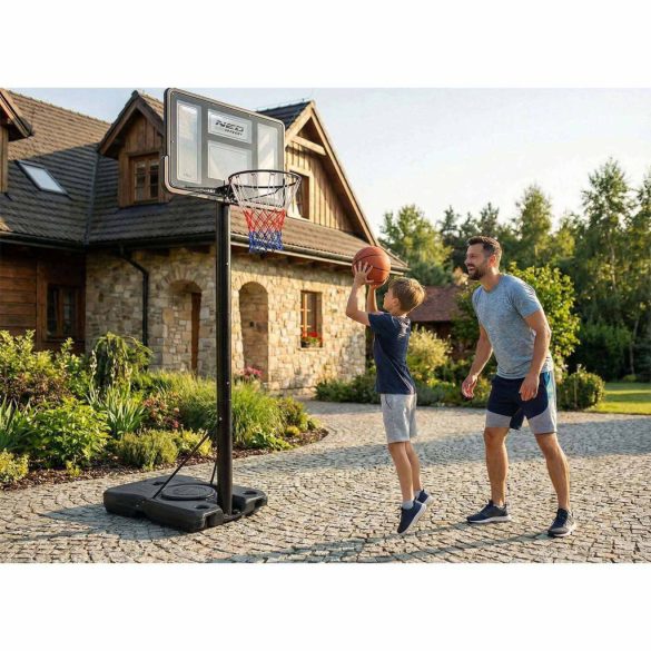 Kosárlabdapalánk, Neo-Sport NS-282, mobil, állítható, 135–305 cm magasság, szabadon álló, kerekekkel, acél váz, PVC palánk 110 x 75 cm, 45 cm gyűrű, 65 l tölthető talp