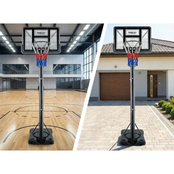 Kosárlabdapalánk, Neo-Sport NS-282, mobil, állítható, 135–305 cm magasság, szabadon álló, kerekekkel, acél váz, PVC palánk 110 x 75 cm, 45 cm gyűrű, 65 l tölthető talp