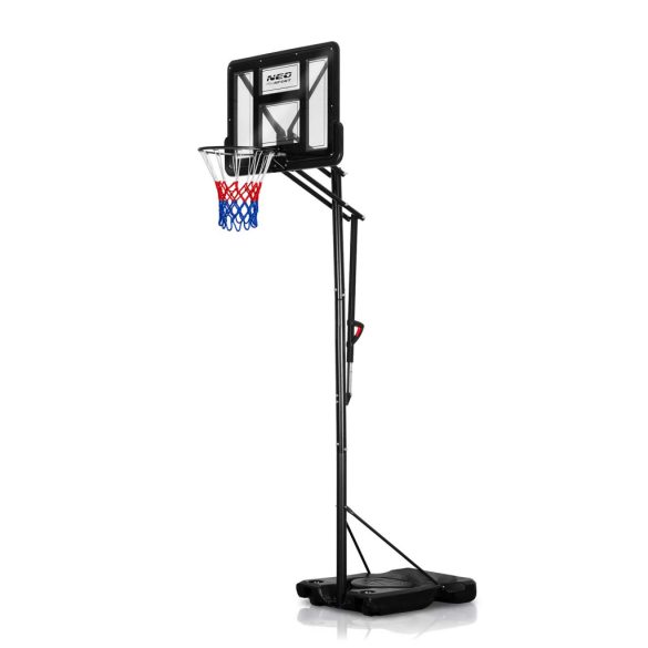 Kosárlabdapalánk, Neo-Sport NS-283, mobil, állítható, 170–305 cm magasság, szabadon álló, kerekekkel, acél váz, PVC palánk 110 x 75 cm, 45 cm gyűrű, 65 l tölthető talp