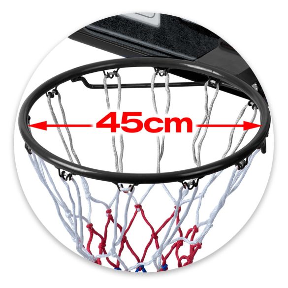 Kosárlabdapalánk, Neo-Sport NS-283, mobil, állítható, 170–305 cm magasság, szabadon álló, kerekekkel, acél váz, PVC palánk 110 x 75 cm, 45 cm gyűrű, 65 l tölthető talp