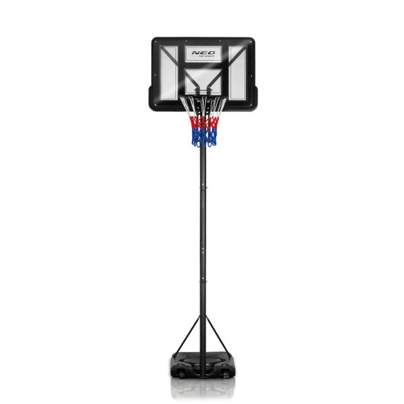 Kosárlabdapalánk, Neo-Sport NS-283, mobil, állítható, 170–305 cm magasság, szabadon álló, kerekekkel, acél váz, PVC palánk 110 x 75 cm, 45 cm gyűrű, 65 l tölthető talp