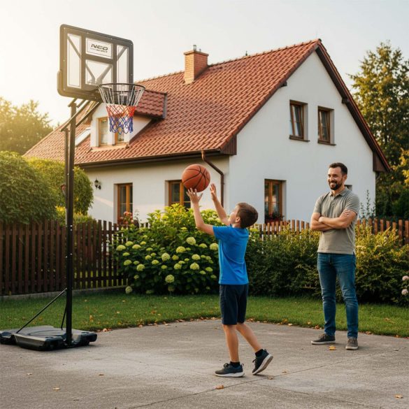 Kosárlabdapalánk, Neo-Sport NS-283, mobil, állítható, 170–305 cm magasság, szabadon álló, kerekekkel, acél váz, PVC palánk 110 x 75 cm, 45 cm gyűrű, 65 l tölthető talp