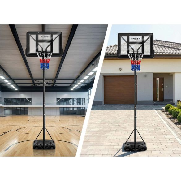 Kosárlabdapalánk, Neo-Sport NS-283, mobil, állítható, 170–305 cm magasság, szabadon álló, kerekekkel, acél váz, PVC palánk 110 x 75 cm, 45 cm gyűrű, 65 l tölthető talp