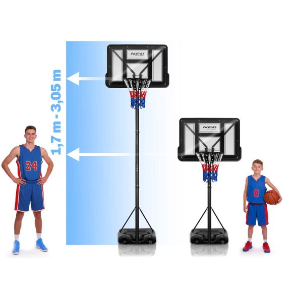 Kosárlabdapalánk, Neo-Sport NS-283, mobil, állítható, 170–305 cm magasság, szabadon álló, kerekekkel, acél váz, PVC palánk 110 x 75 cm, 45 cm gyűrű, 65 l tölthető talp