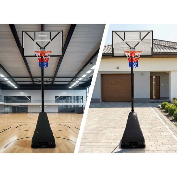 Kosárlabdapalánk, Neo-Sport NS-284, mobil, állítható, 160–305 cm magasság, szabadon álló, kerekekkel, acél váz, PVC palánk 110 x 70 cm, 45 cm gyűrű, 65 l tölthető talp